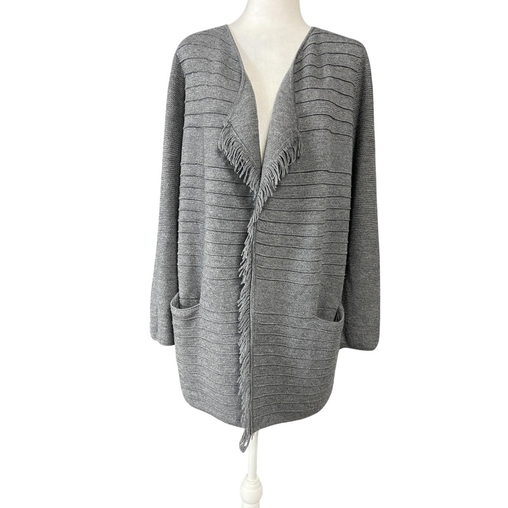Talbots Cardigan Sweater Womens Medium Petite Gray 100% Merino Wool Fringe Open